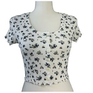 Cream & Floral Ribbed Knit Button Cropped Cap‎ Sleeves Top Women's Sz M